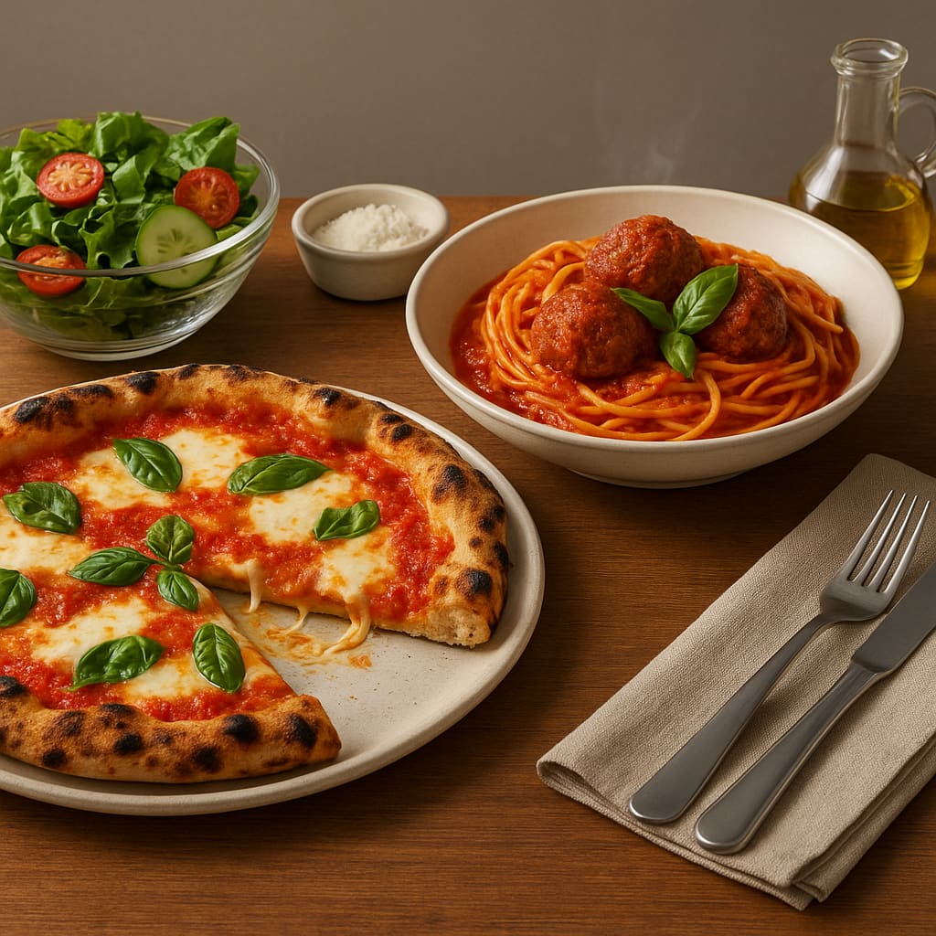 Italienische Speisen mit Pizza, Pasta und Salat auf einem Restauranttisch